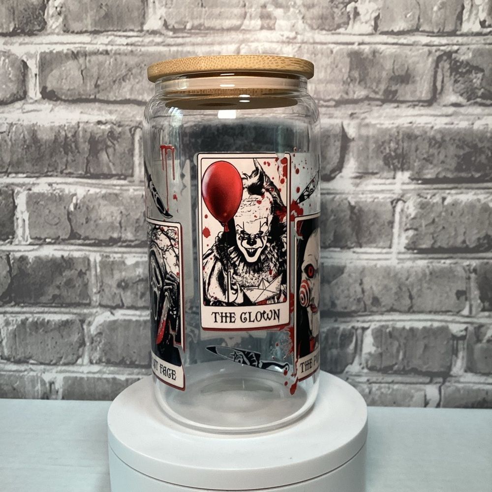 Horror Movie Tarot Card Glass Can With Lid Pennywise Michael‎ Myers Jigsaw UVDTF